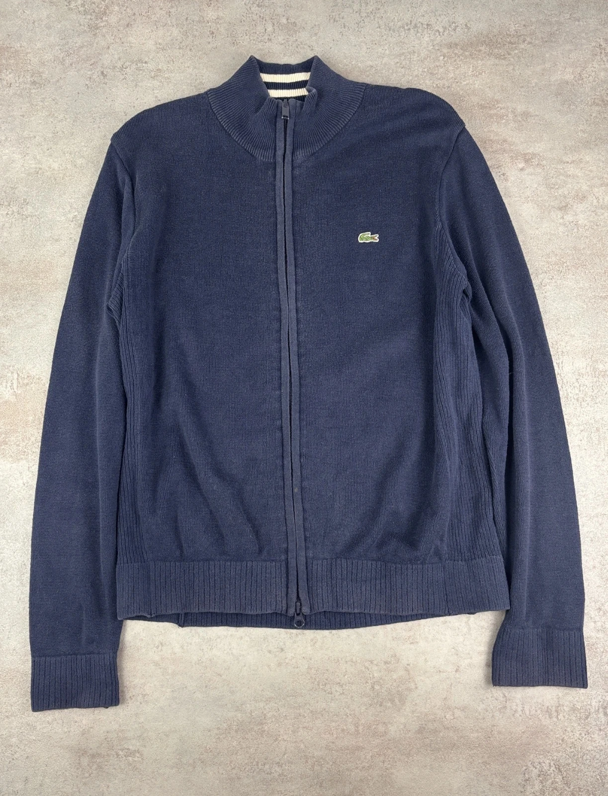 Gilet Lacoste Full Zip Coton Bleu Marine | Cardigan Maille Col Montant Logo Croco | Taille S